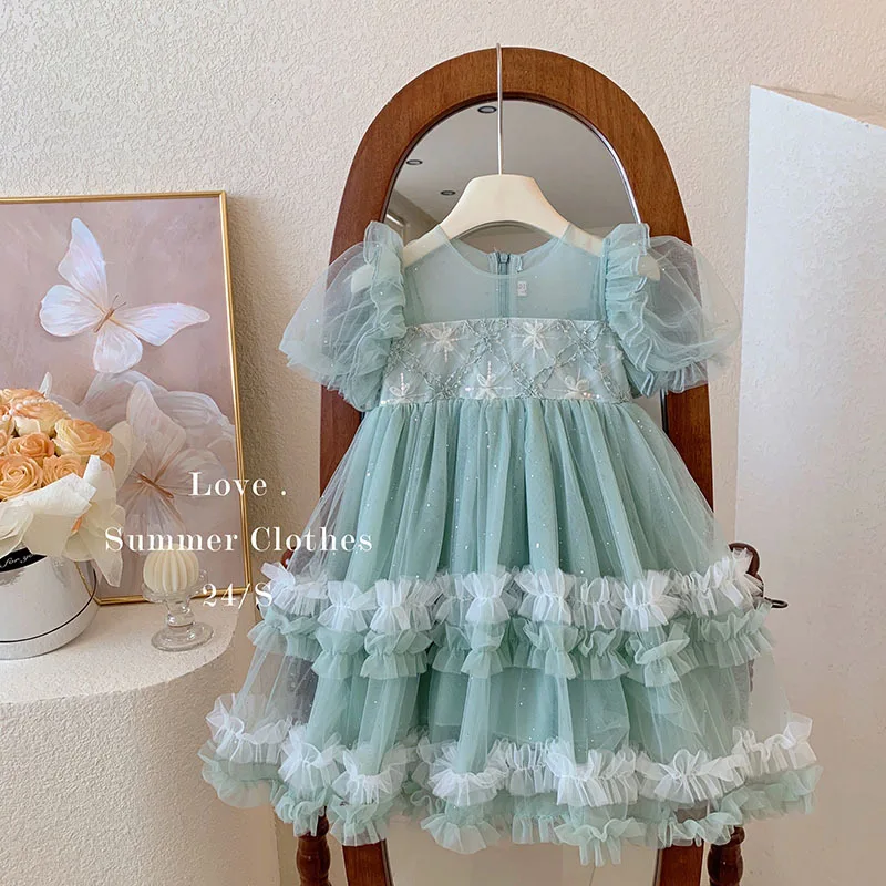 Girls' Summer Dress2024New Western Style Children's Mesh Princess Dress Little Girl Puff Sleeve Formal Dress