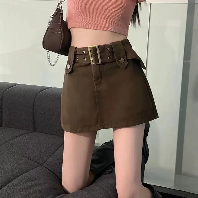 Casual Short Denim Skirt For Women Korean Fahsion Summer A-line Hip Wrap Skirt With Belt Brown Black Mini Skirts Trendy Clothes