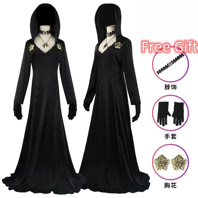 Resident Village Vampire Evil Cosplay Costume Lady Dress with Gloves Necklace Outfits Halloween Carnival Party Suit for Women