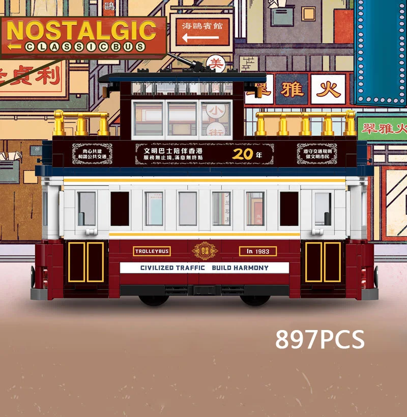 Classic City Vehicle Moc Building Block Hongkong Retro Tramcar Bus Assemble Model Vehicle Steam Bricks Toys Collection For Gift