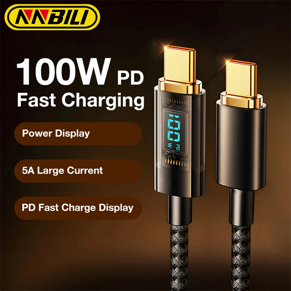 NNBILI 5A E-mark PD100W USB Cable LED Display USB C to Type C PD Fast Charging For MacBook iPhone 15 Samsung Huawei Xiaom