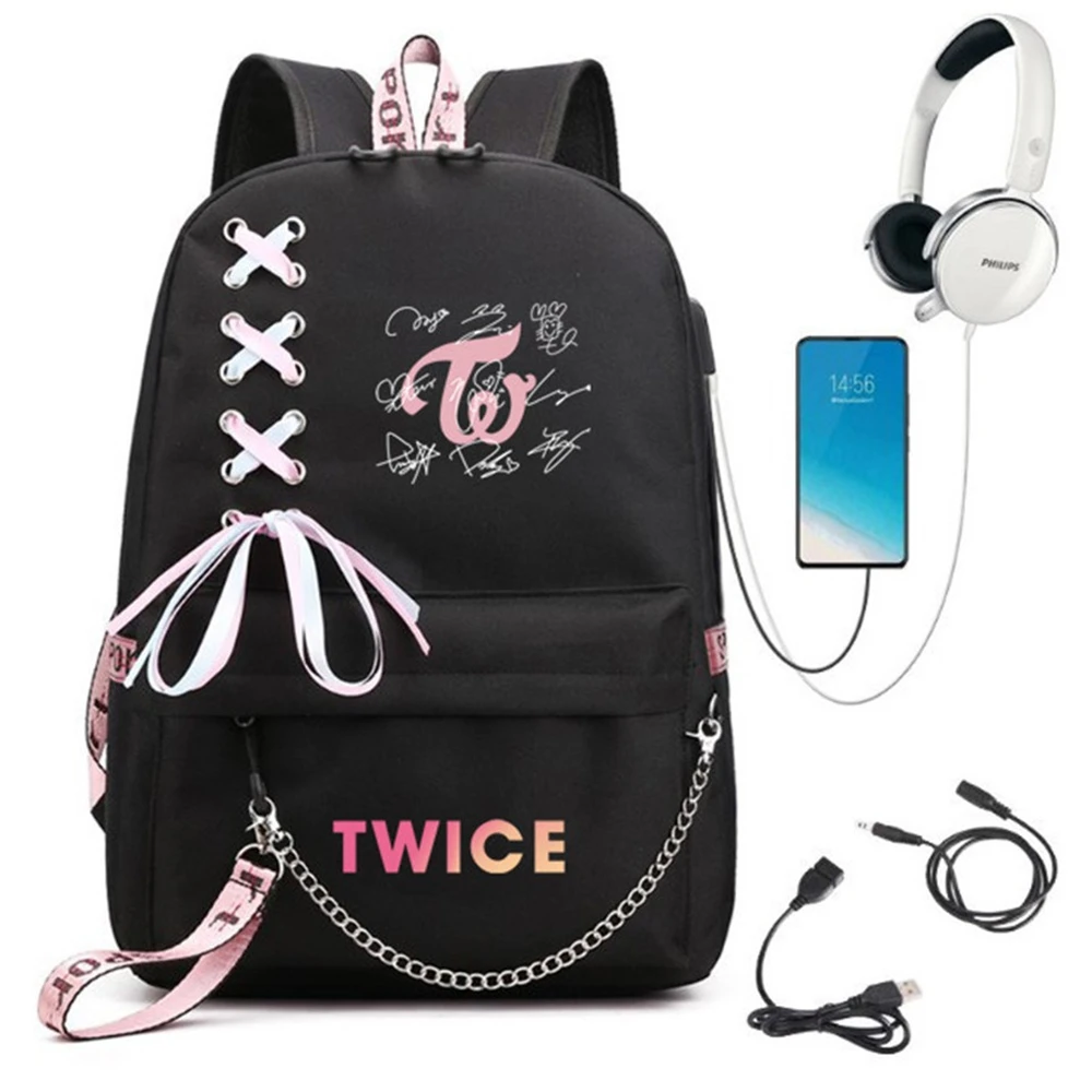 Kpop TWICE zaino Mochila Student zaino di ricarica USB di grande capacità Nayeon Jeongyeon Momo Sana collezione di ventagli regalo