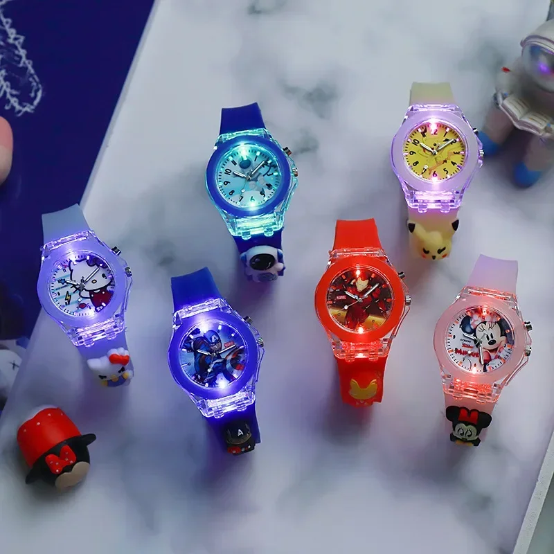 Disney Frozen Princess Spider Man Pattern Led Glowing Flash Children Watch Toys Fashion Birthday Party Christmas Gifts for Kids