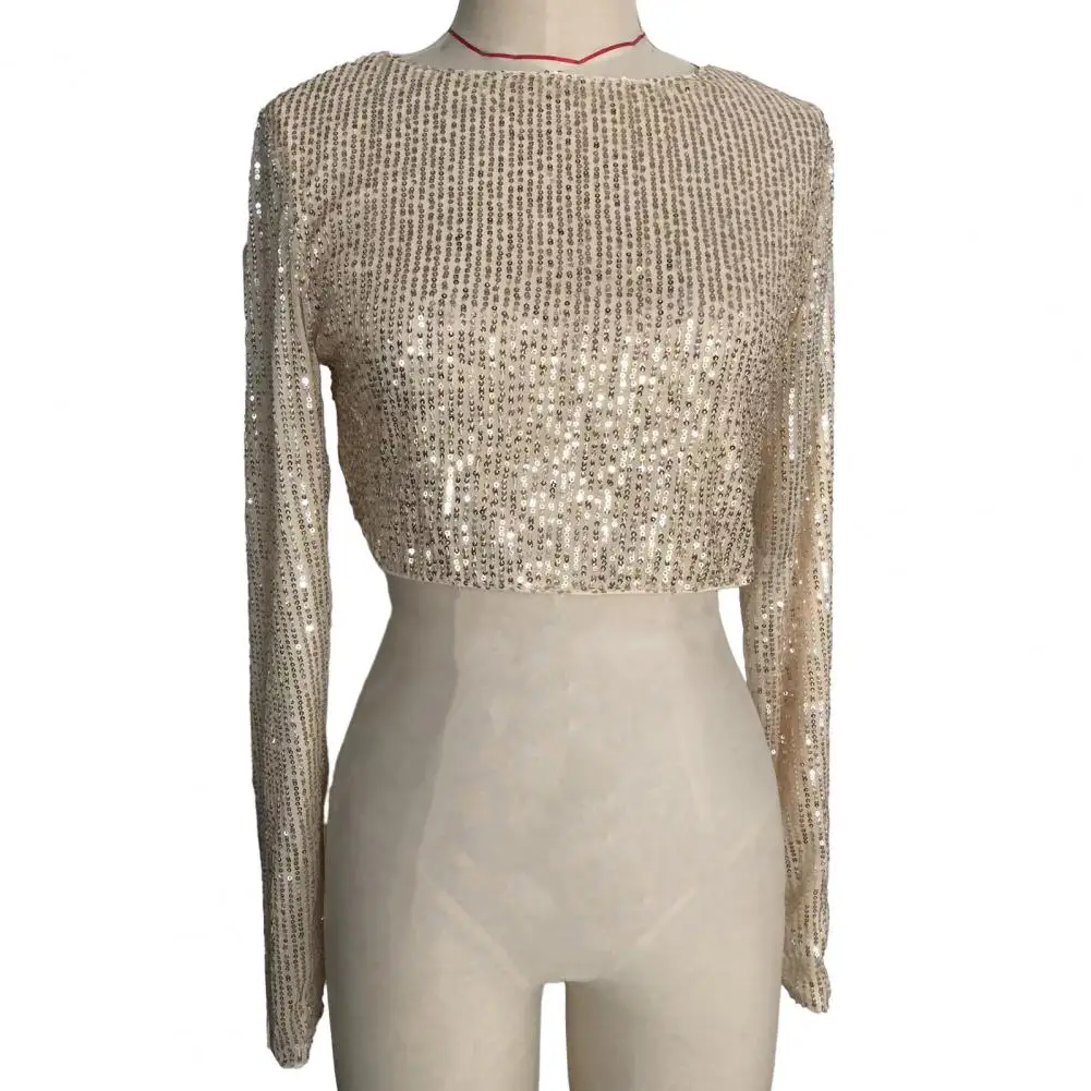 Long-sleeve Top Sequin O Neck Long Sleeves Crop Top for Women Shiny Waist-exposed Soft Pullover for Stage Show Performance Club