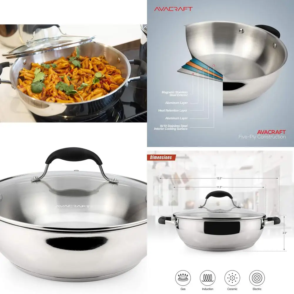 

11 Multipurpose Stainless Steel Skillet with Glass Lid and Five-Ply Base for Cooking and Sauteing