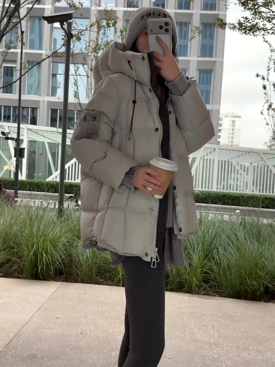 

Casual Hooded Du down Jaet Women's Winter New Loose Warm 90% White Du Feather Bread Sle Coat Zipper Closure Long Sve