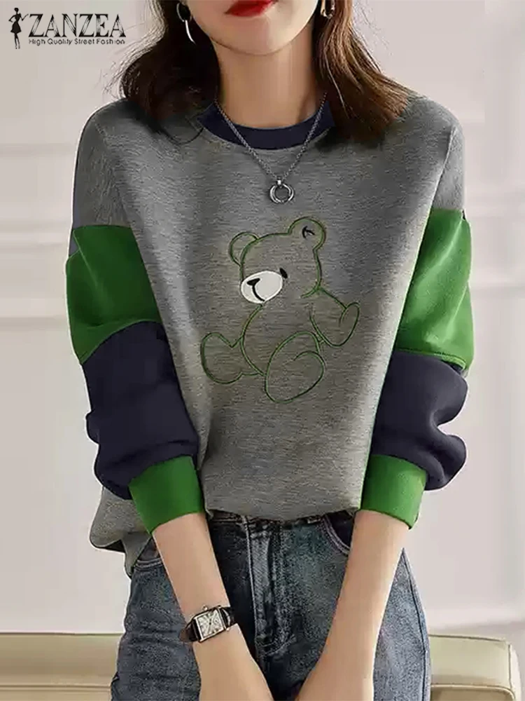 ZANZEA 2024 Autumn Bear Embroidery Pullover Women Casual Long Sleeve Sweatshirts Sweety Loose Knitted Tops Elegant O-Neck Jumper