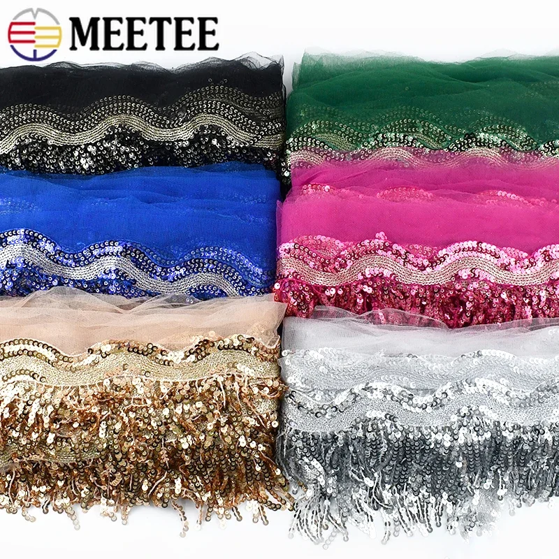 

1/2/5Yards Meetee 8cm Sequins Tassel Fringe Mesh Decoration Ribbon Lace Trim Latin Dance Dress Fabric Clothing Fringes Sewing