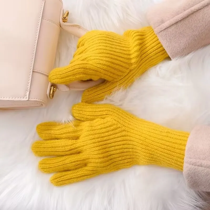 yellow Mittens Women Winter Warm Thickening Gloves Touch Screen Knitted Thicken Stretch Gloves Full Finger Outdoor Skiing Gloves