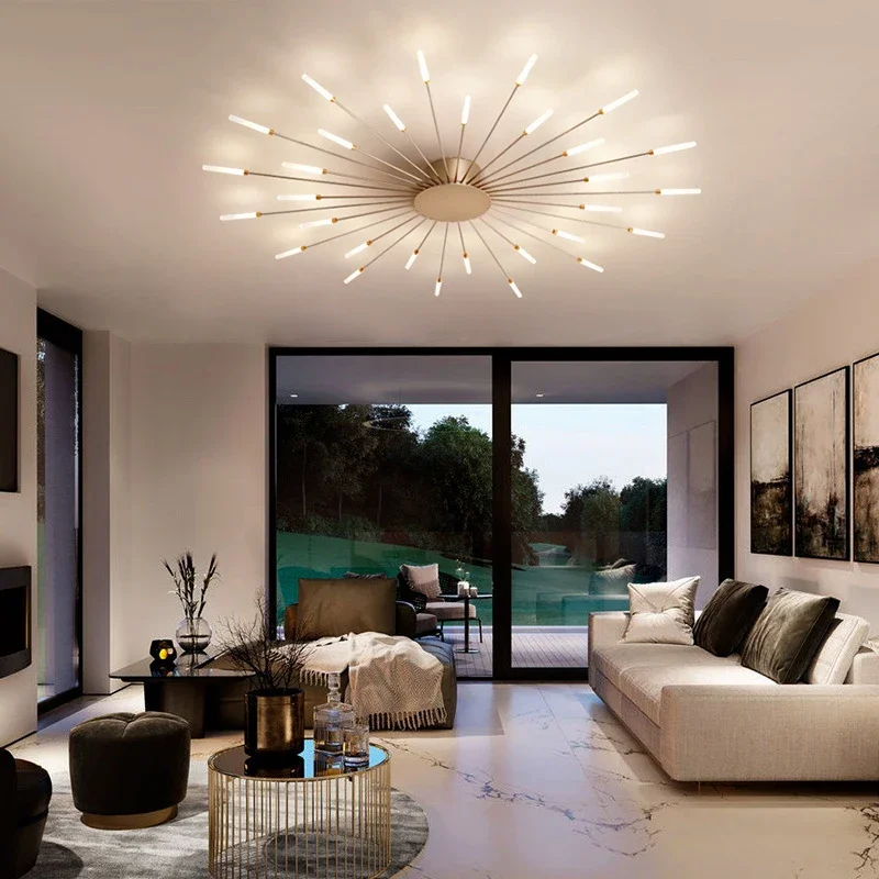 Moderna lâmpada de teto led fogos de artifício estrela cheia luz de teto dourada decoração da sala estar luminária led lustre sala jantar quarto