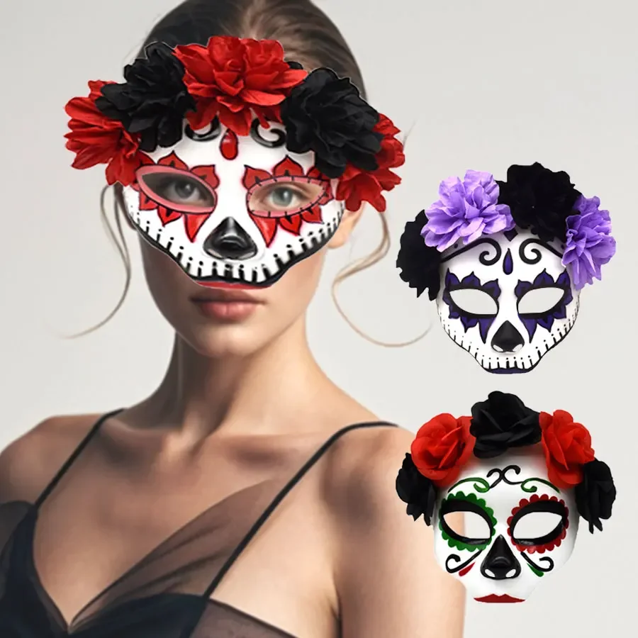 

Masquerade party flower mask Halloween skeleton ghost mask Full-face ghost bride party carnival mask Mexican Day of the Dead