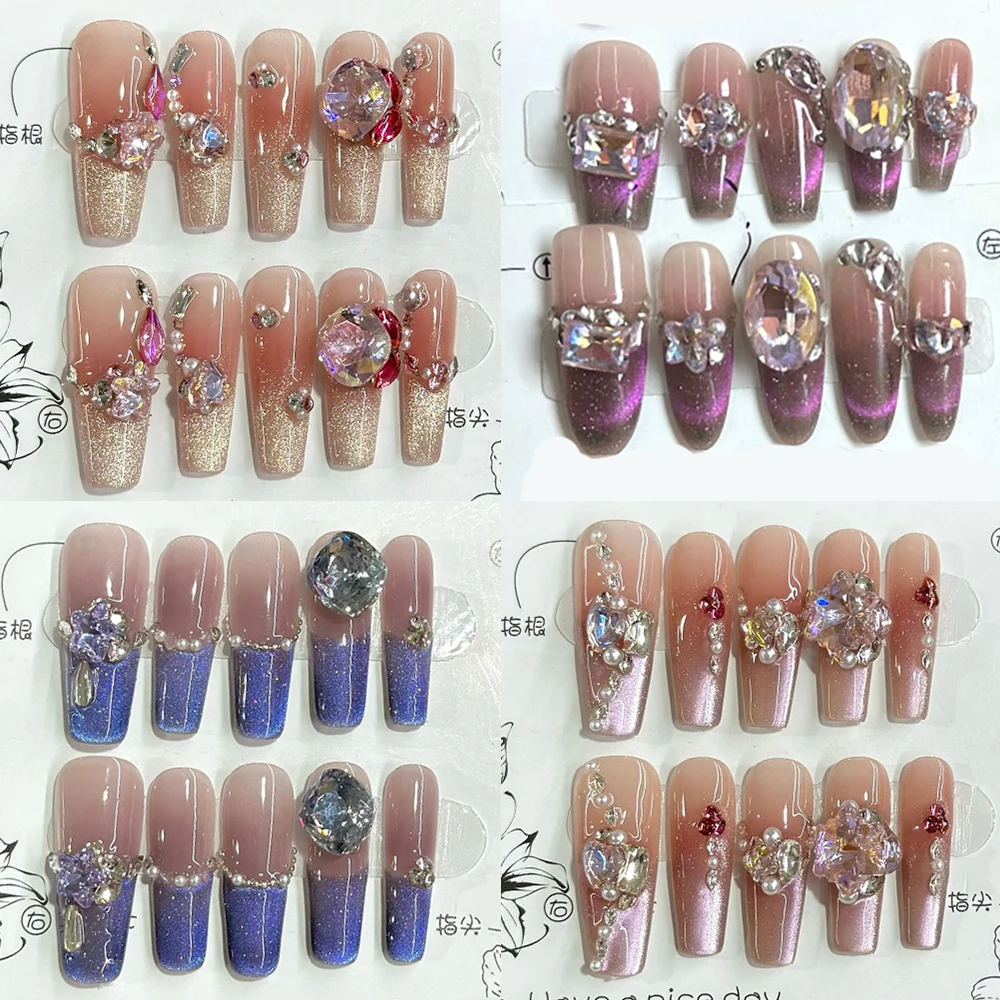 

Summer 2025 Sparkly Cat Eyes Press On Nail Art Long Coffin Almond Rhinestones French Korea Japan Glitter Powder Fake Nails Gift