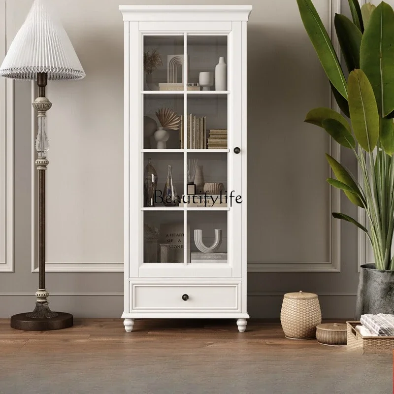 

American all solid wood side cabinet single door living room locker pure solid wood white bookshelf glass doorL