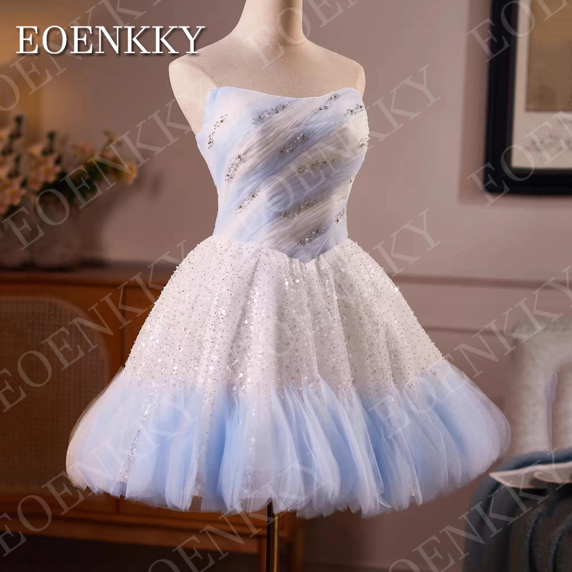 EOENKKY Strapless Tulle Prom Dress 2026 Short Glitter Sequin Mini Birthday Homecoming Dresses Customized Vestido De Fiesta Lujo