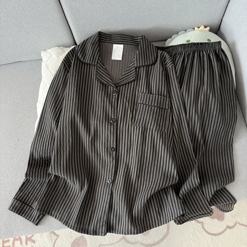 Spring and Autumn Women's Sleepwear Striped Long Sleeve Pants Flip Collar Cardigan Set Loose Casual Home Clothes 2-piece Set
