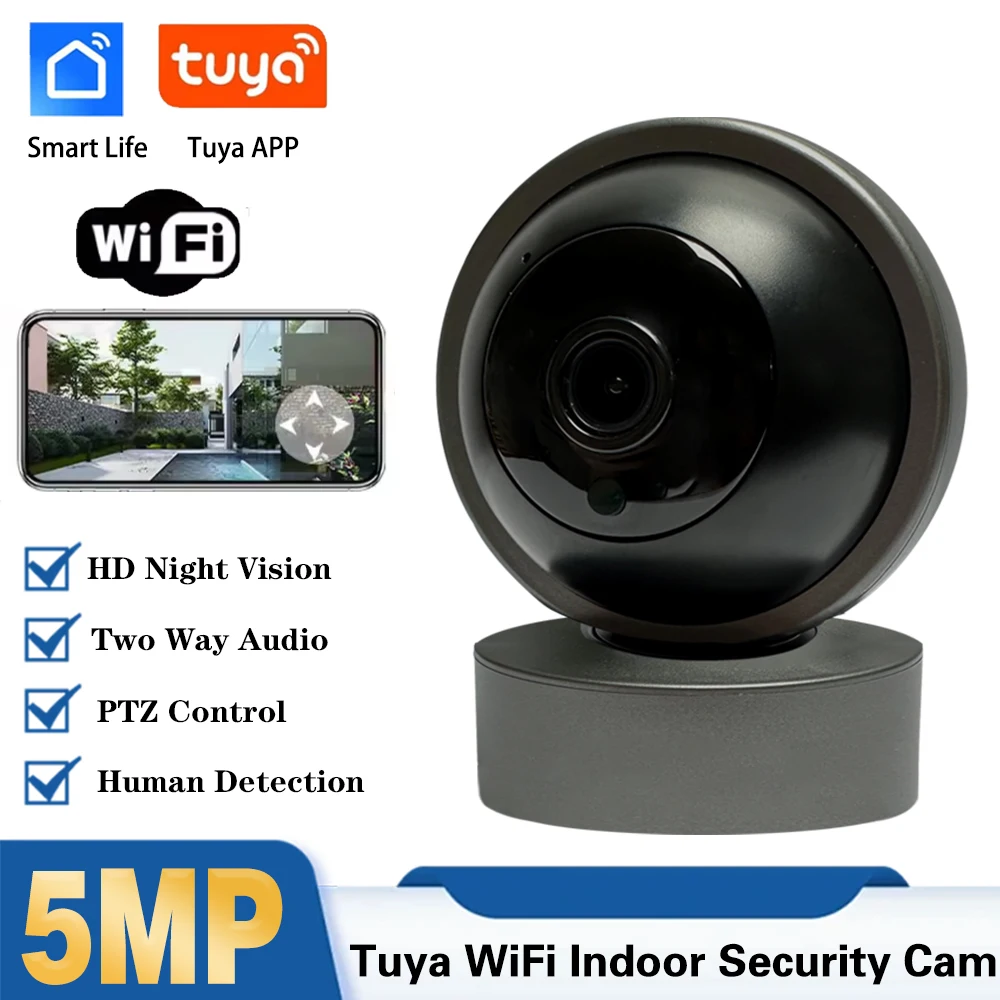 

Умная Wi-Fi PTZ IP-камера Tuya для помещений, 5 МП, беспроводная камера видеонаблюдения с обнаружением человека, радионяня, цветное ночное видение