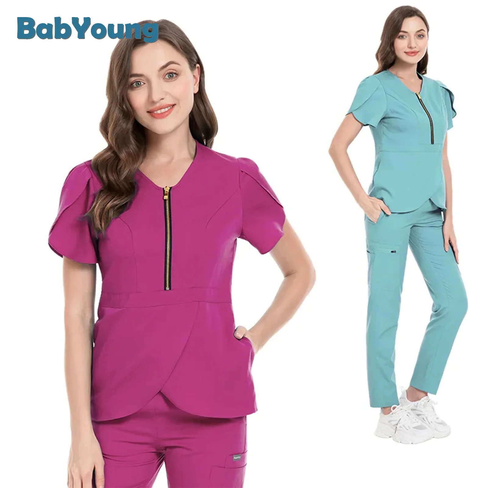 Le donne all'ingrosso indossano set di Scrub alla moda abiti da lavoro ospedalieri top Pant tinta unita uniforme operatoria Unisex accessori per infermieri