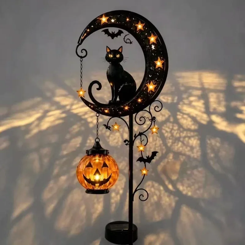Solar Halloween Black Cat Pumpkin Moon Garden Stake Light  Metal Pumpkin Stake Garden Lamp Decoration Outdoor Waterproof  Decor