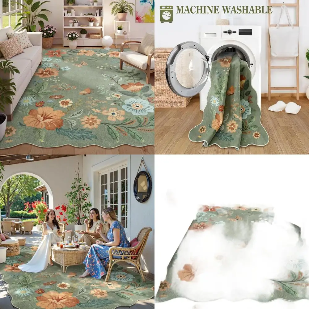 

Floral Washable Rugs 8x10, Non-Slip Soft Green Rug Stain Resistant, Ultra-Thin 8x10 Rugs for Living Room Easy Clean Boho Accent