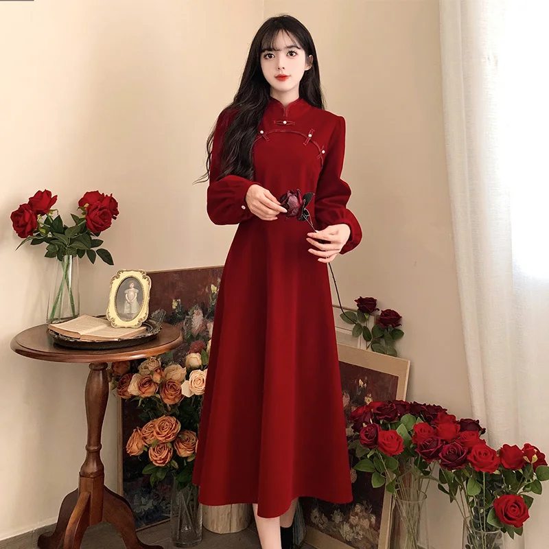 Elegant Velvet Cheongsam Long Dresses For Women Large Size Autumn Winter Loose Female Long Sleeve Red Vestido A Line Slim Robe