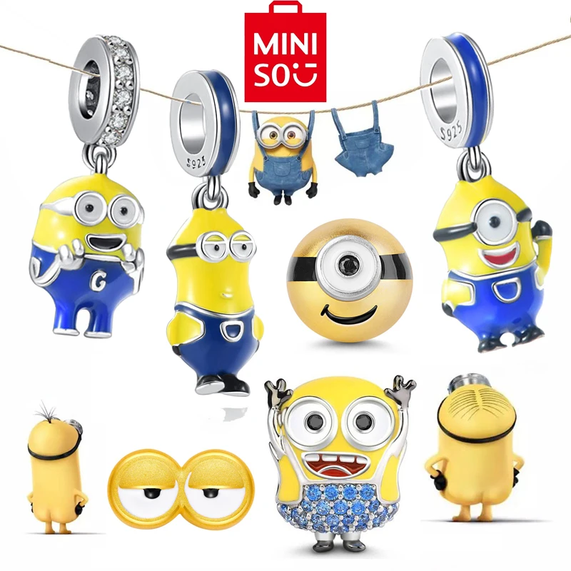 MINISO Minions Hand Enamel Pendant 925 Silver Charm Fit Original Brand Bracelet Bangle Diy Dangle Women Girl Jewelry