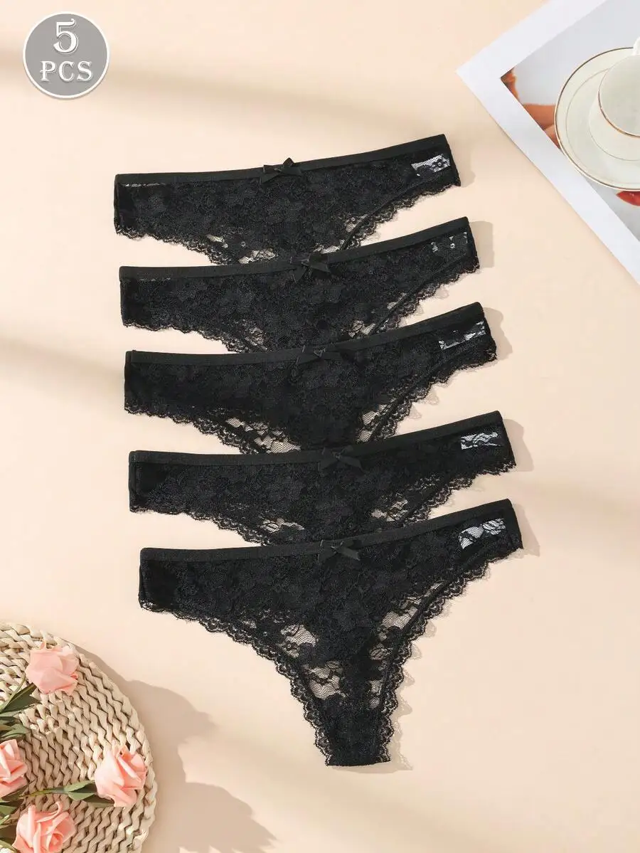 5Pcs Sexy Lace Women Thongs Transparent Womens Panties Sexy Underwear Solid Floral G-String Plus Size Underpants Female Lingerie