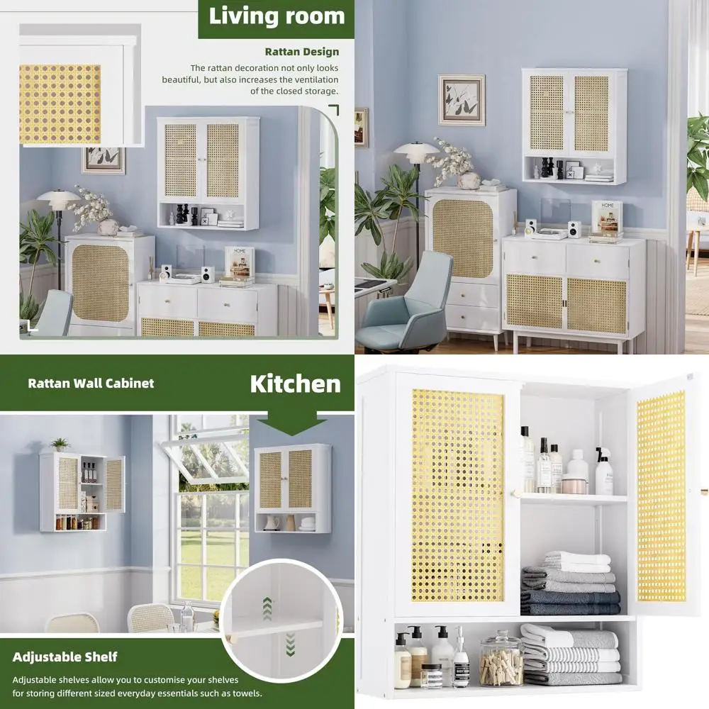 

White Bamboo Over-The-Toilet Storage Cabinet with 2 Rattan Doors and Adjustable Shelf, Space-Saving Organizer for Bathroom, Laun