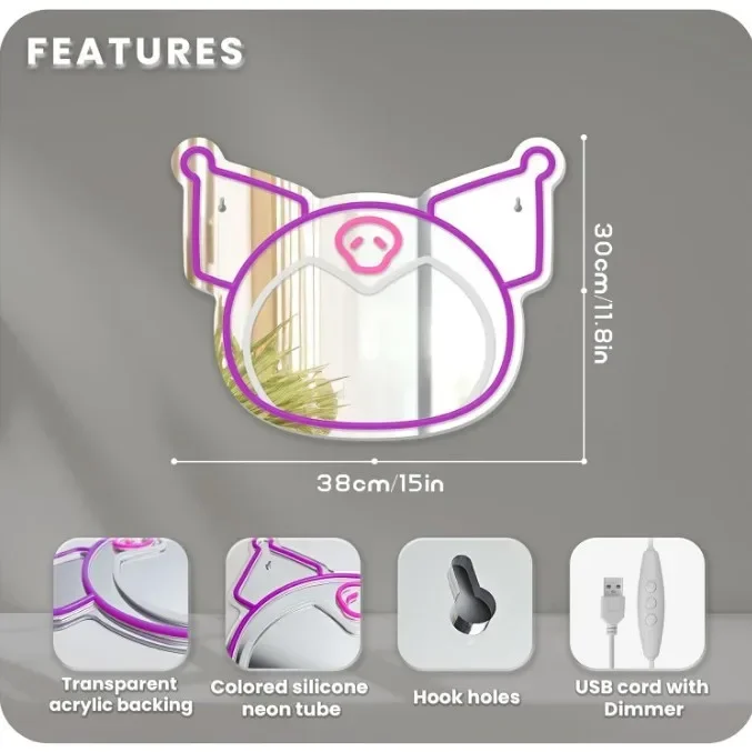 Sanrio Kuromi Cartoon Mirror Neon Bedroom Kuromi Makeup Mirror Decorative Light Acrylic Mirror Girl Gift Night Lights Wall Decor