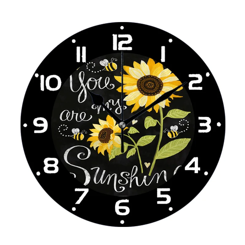 3D Stylish Black You're My Sunshine Sunflower Wall Clock for Living Room Kitchen Bedroom Home Decor Floral Quote Round Wall Gift