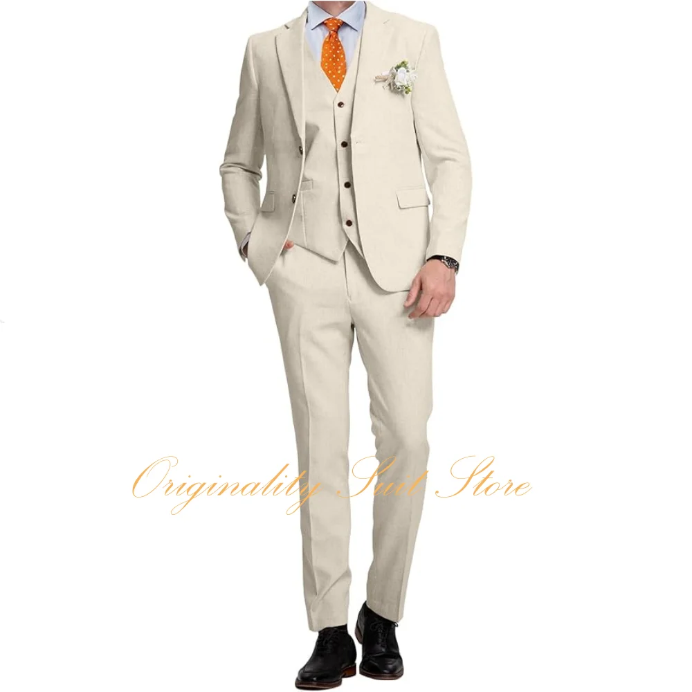 

Linen Men's Suits 3 Piece Slim Fit Tuxedo Suit for Men Beach Wedding Formal Business Suit Groom Prom Set Outfits