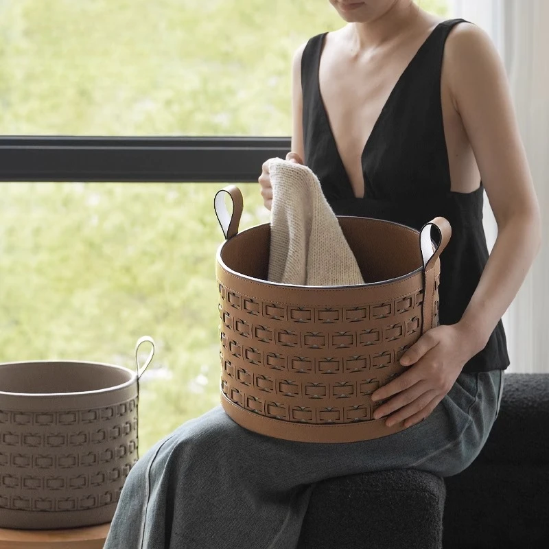 ‌Luxury Woven Leather Storage Basket Collapsible Clothes Hamper Bin with Handles for Laundry Room Bedroom Organization Decor