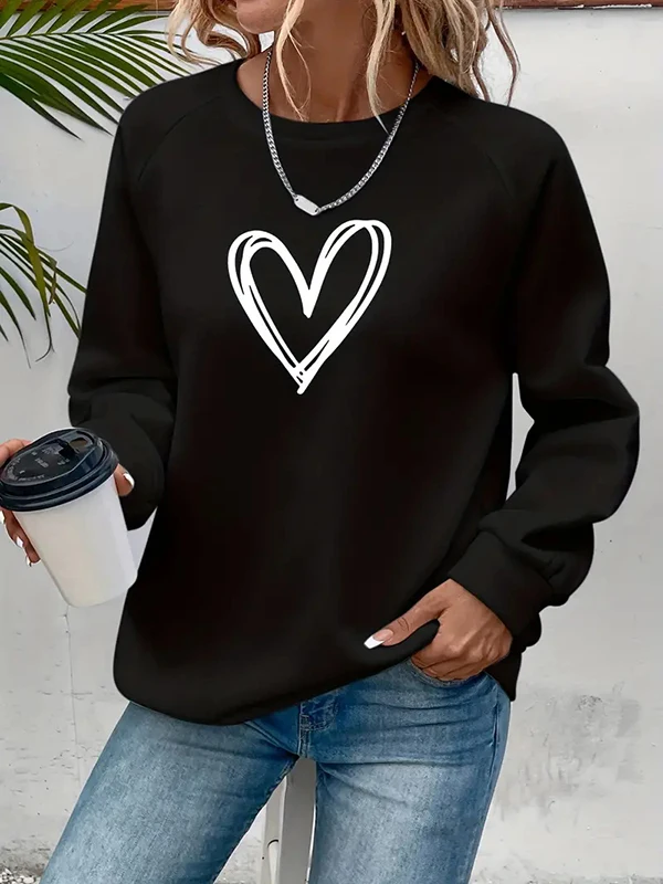 Krismile Herz-Druck, geteiltes Rundhals-Sweatshirt, lange Ärmel, lockere Oberteile für Frühling, Herbst, Winter, lässiger urbaner Pullover