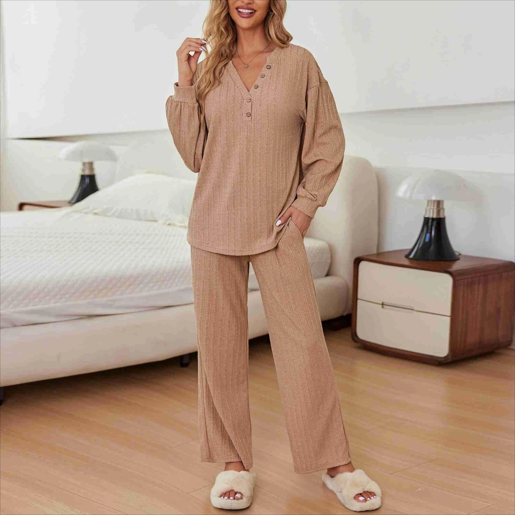 Krismile 2025 Autumn Pants Sets High-quality Solid Color V Neck Buttin Long Sleeve Pullovers Drawstring Trousers Pajama Sets