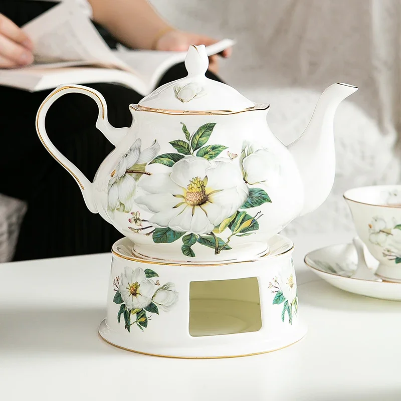 Coffee Pot with Stove British Style Afternoon Flower Tea Utensil 900ml Teakettle Bone China Teapot Warm Base Set Teaware