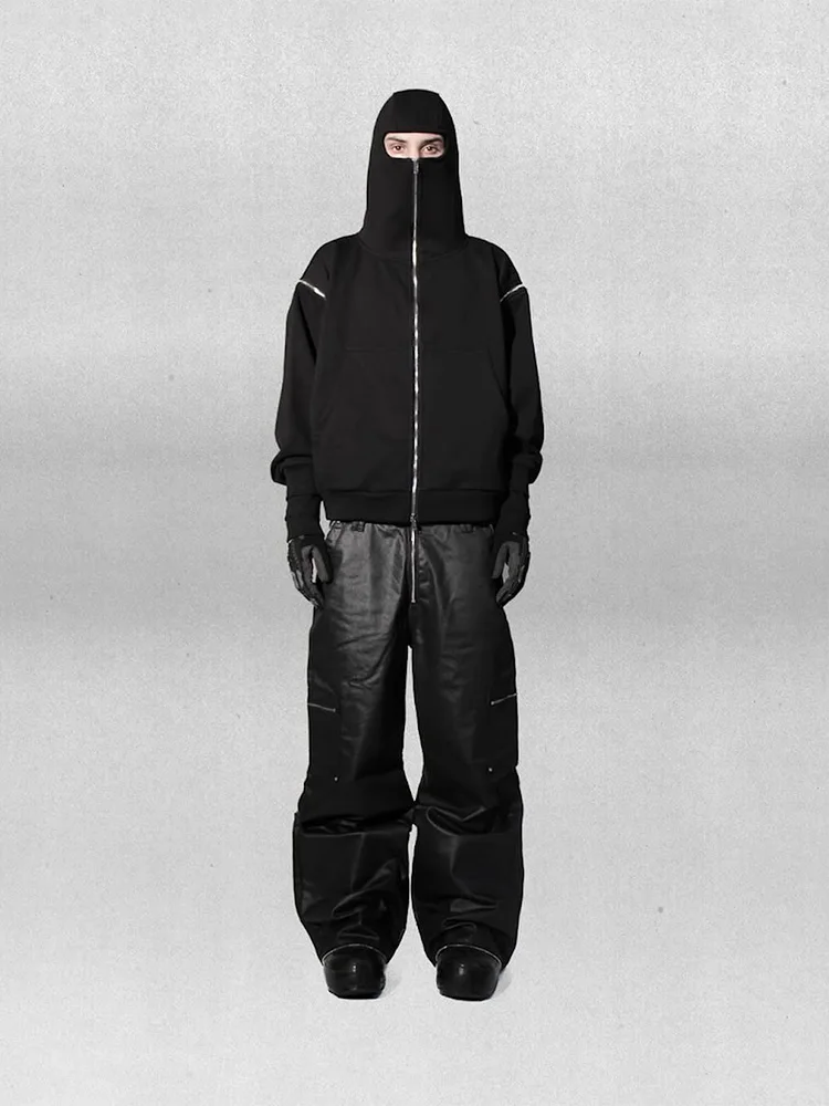 Black Zipper Hoodie, High Neck, Reflective Details, Loose fit, Street Style, Urban Sports and Leisure Hoodie