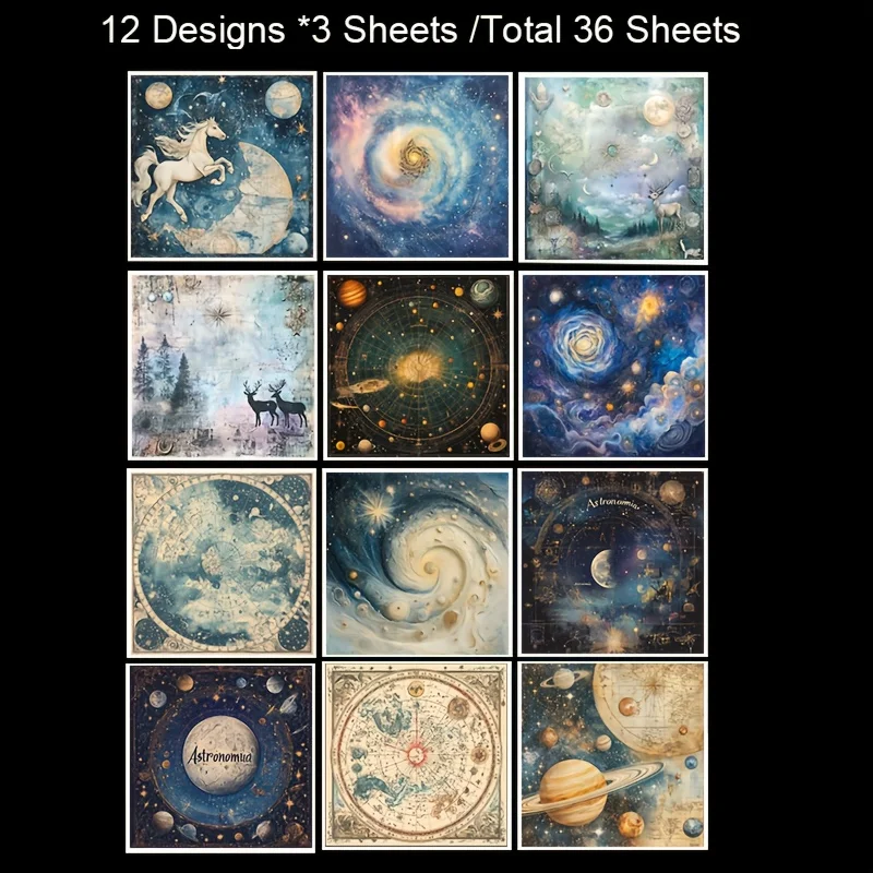 Paquete de 36 hojas de papel para álbum de recortes con cielo estrellado de 6x6 pulgadas, papel decorativo para álbum de recortes con patrón artístico, papel decorativo DIY