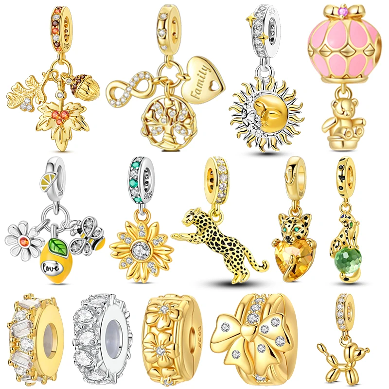 Gold Series DIY Charms Bead Original 925 Sterling Silver Inlaid Zirconium Sun Leopard Pendants Fit Bracelet Jewelry Gift Marking