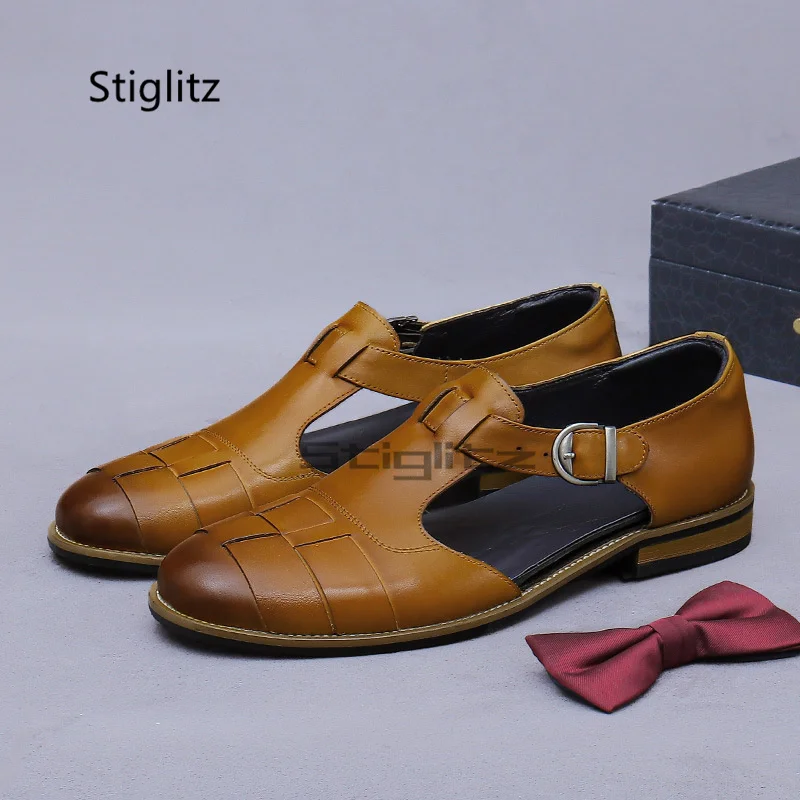 

Leather Sandals Men Genuine Leather Summer Hollow Business Buckle Strap Breathable Comfortable Beach Roman Casual Outside Shoes