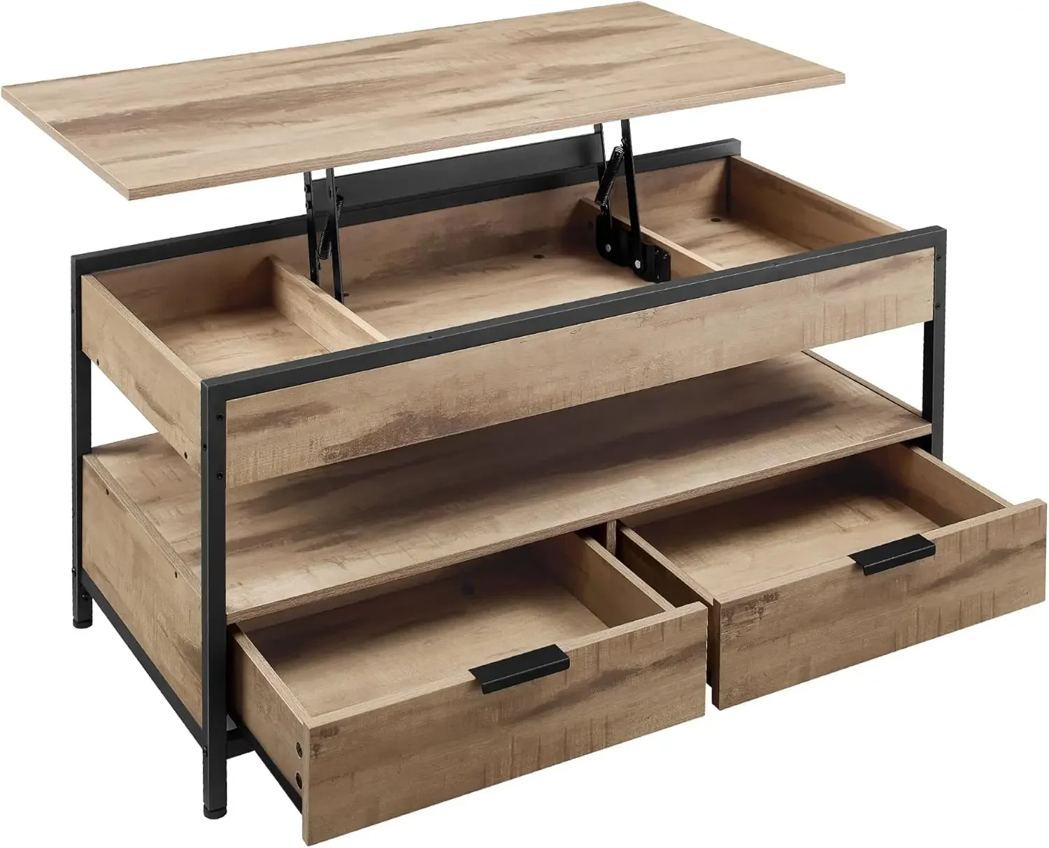 Kostenloser Versand-Couchtisch, höhenverstellbarer Wohnzimmertisch, Kaffeetisch, mit Schubladen, offenes Fach, Kamelbraun-Kohle