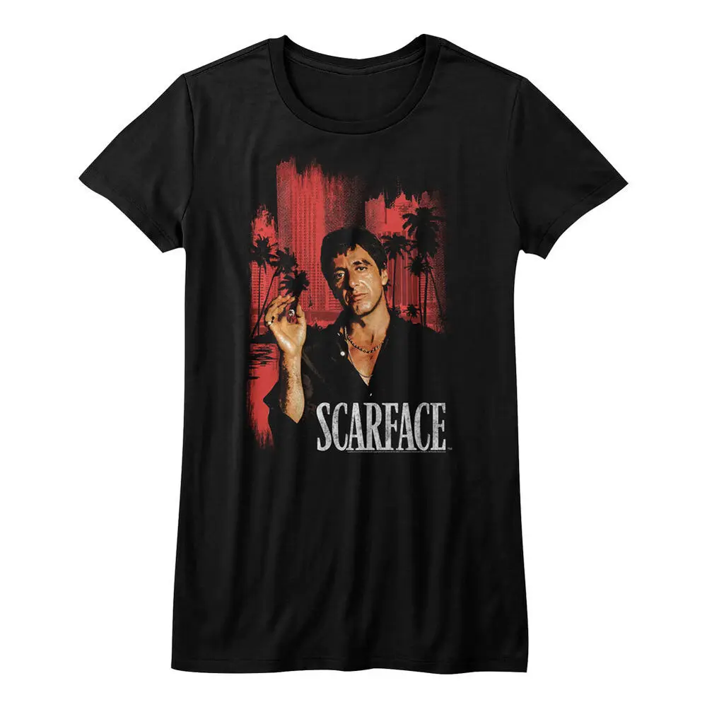 Camiseta ajustada para mujer con fondo de palmera y cigarros ahumados de la película Scarface Tony