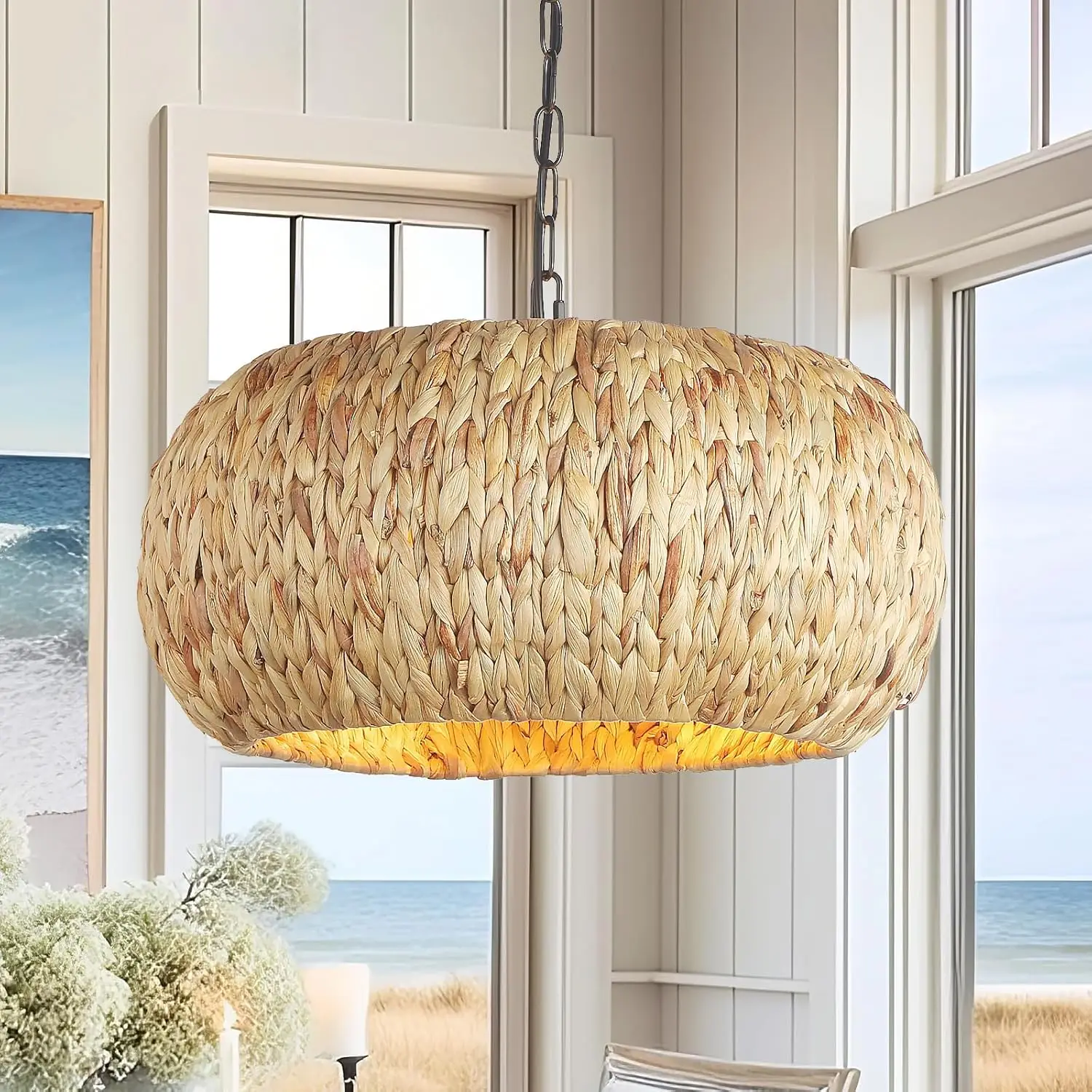 Handgeweven Boho Hanglamp, 17.7 "" 5-Licht Bohemian Rotan Verlichtingsarmatuur Natuurlijk Weven Hanglamp Aan De Kust