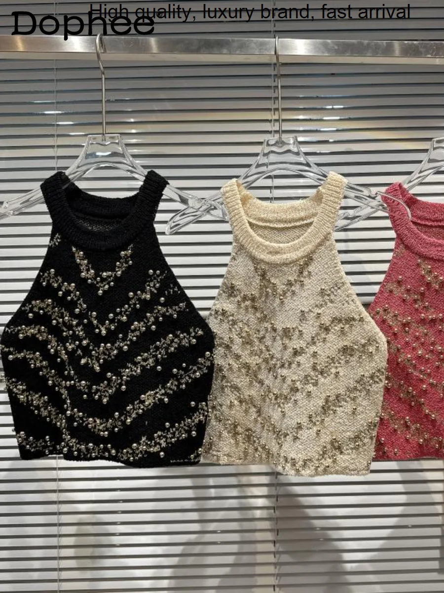 

and 2023 Spring Summer New Elegant Socialite Beaded Halter Design Short Knitted Vest Women's Elastic Slim Tank Top Cropped Tops