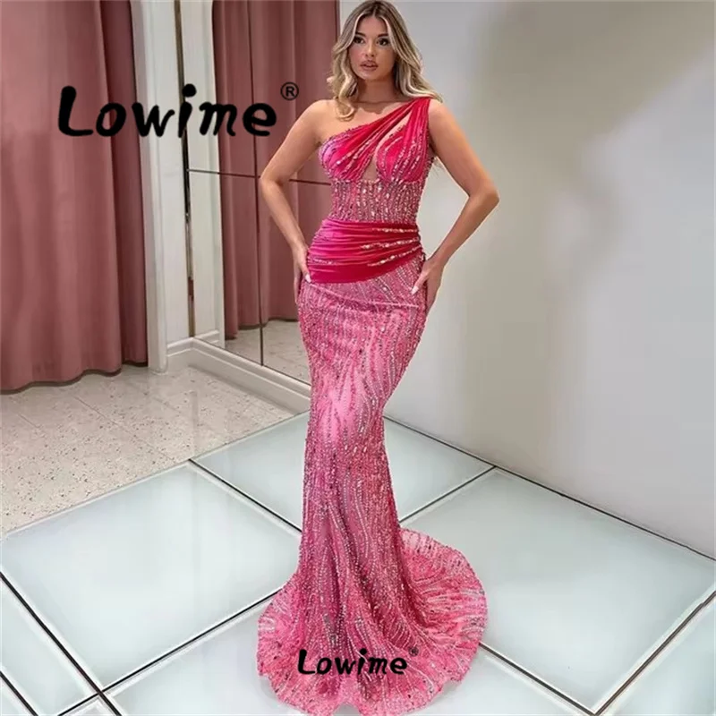 

2024 Customize Pink Blue Orange Mermaid One Shoulder Elegant Beaded Arabic Evening Dresses Party Gowns For Women Wedding Prom