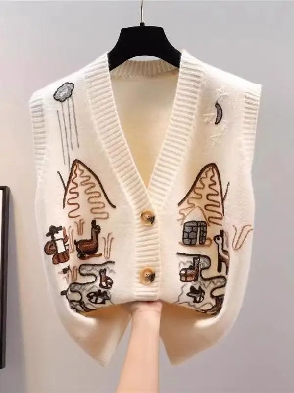 

High-End Dync Brother Autumn New Camere Open Cardigan Vest Loose Women's Outerwear Knitted Sweater V-Ne Plant Floral