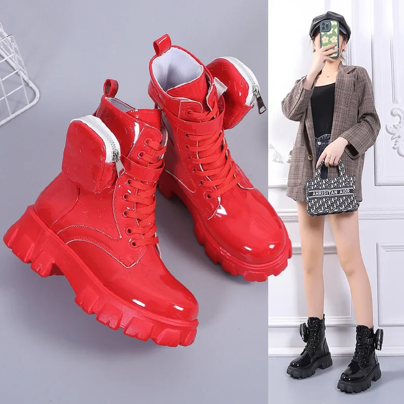 2024 New Red bag boots, women\'s new printed color, plush and thick bottom, lace up short boots women boots