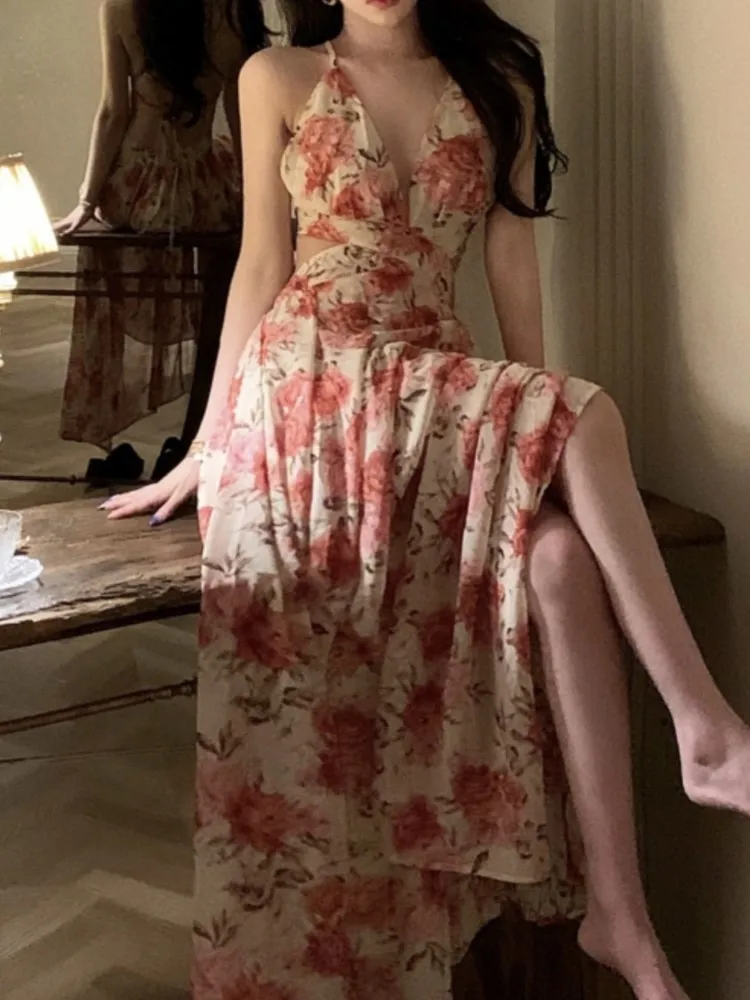 فستان نسائي بزهور بحمالات رفيعة ، فساتين ماكسي نسائية ، على شكل حرف A ، بلا أكمام ، خمر ، أنيق ، بوهو ، شاطئ ، عطلة ، صيف