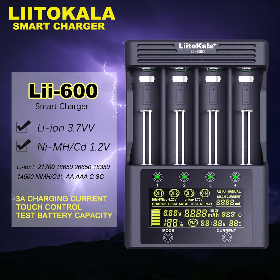 Liitokala Lii-500 Lii-PD4 Lii-600 Lii-PD2 18650 Lithium Battery Charger 3.7V 21700 26650 18350 18500 17500 25500 1.2V AA AAA