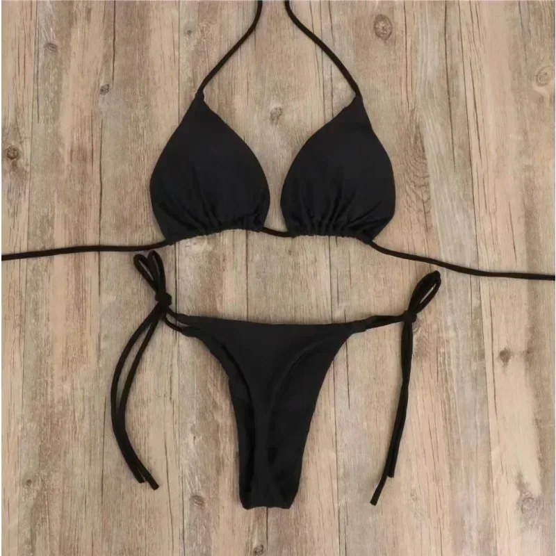2024 New Women's Solid-color Separate Beach Wear Sexy Halter Three-point Bikini Backless Adjustable Lace-up Swimsuit 신형