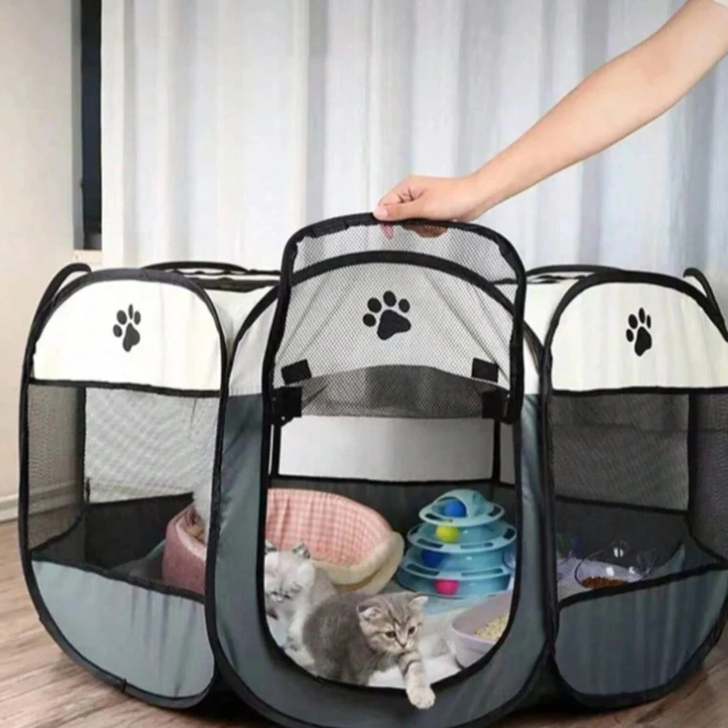 Foldable Pet Playpen with Zipper Door & Mesh Panels, Portable Indoor/Outdoor Kennel for Cats, Dogs