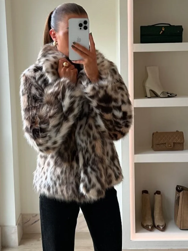 Leopard Print Long Sleeved Women\'s Furry Faux Fur Coat Fashionable Collar Thickened Warm Jacket 2024 Female Office Streetwear